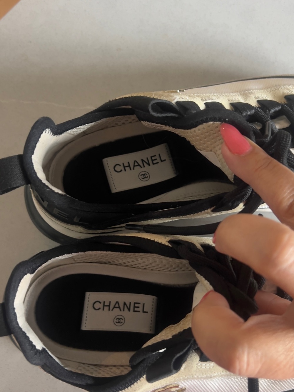CHANEL Black and White Quilted-Trim Leather & Mesh Sneakers - Picture 6 of 9